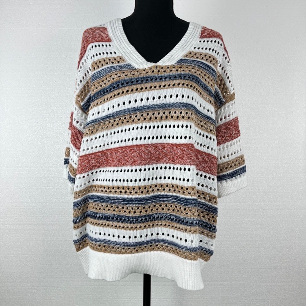 Open Knit Boho Sweater‎ XL Ivory Tan Chevron Stripe Slouchy Lightweight Pullover